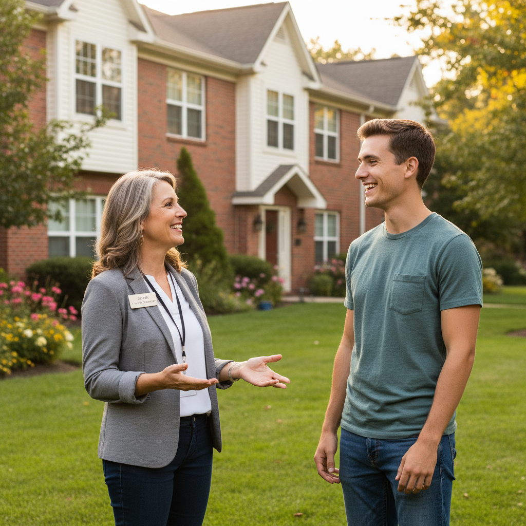 People-Centric Property Management Communication A property manager and a happy tenant having a friendly conversation outside a home, showcasing positive people-centric communication.