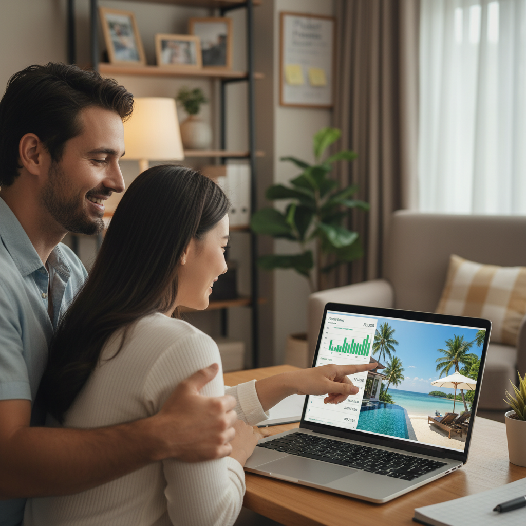 A happy couple remotely reviewing positive reports about their Phuket property on a laptop, feeling stress-free.