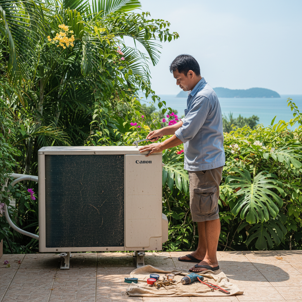 A maintenance worker fixing an air conditioning unit on a villa balcony in Phuket, surrounded by tropical plants.
