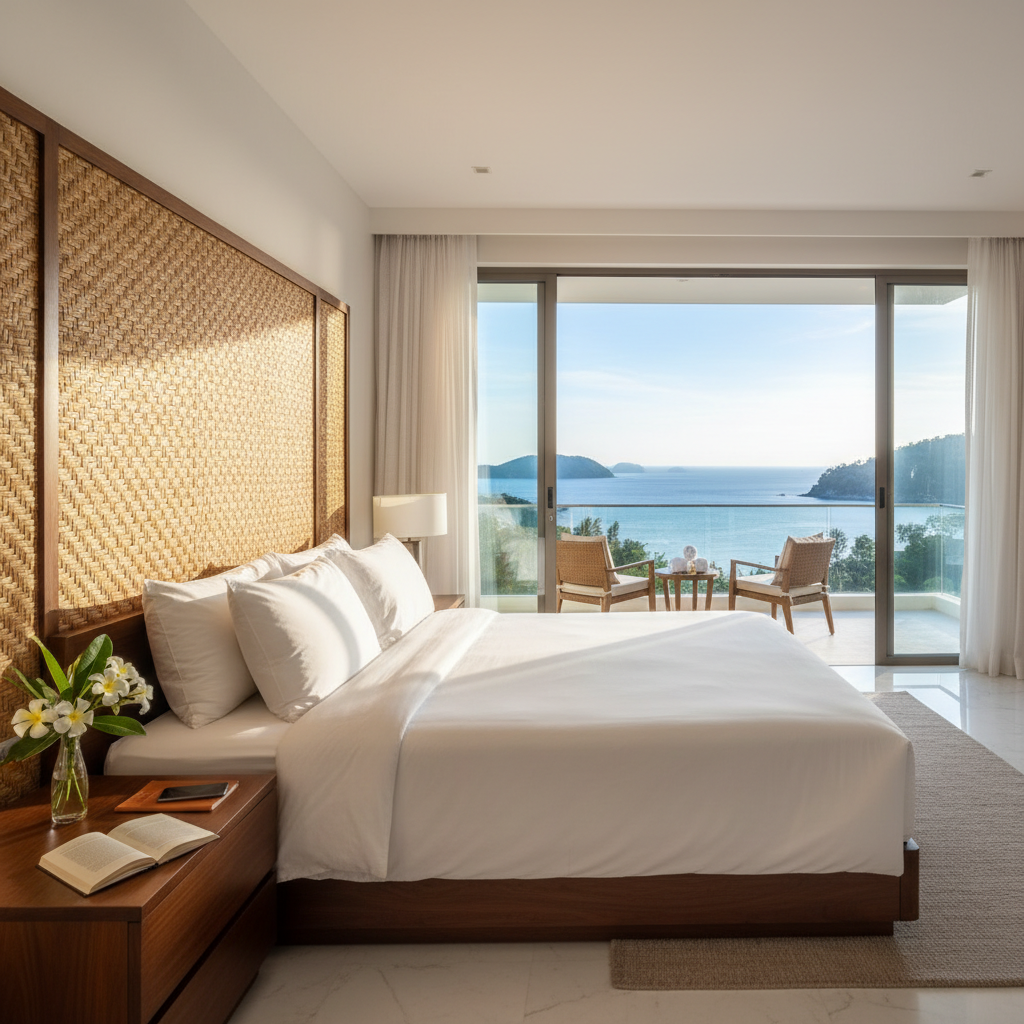 A pristine and welcoming luxury villa bedroom in Phuket, prepared for guests with an ocean view.