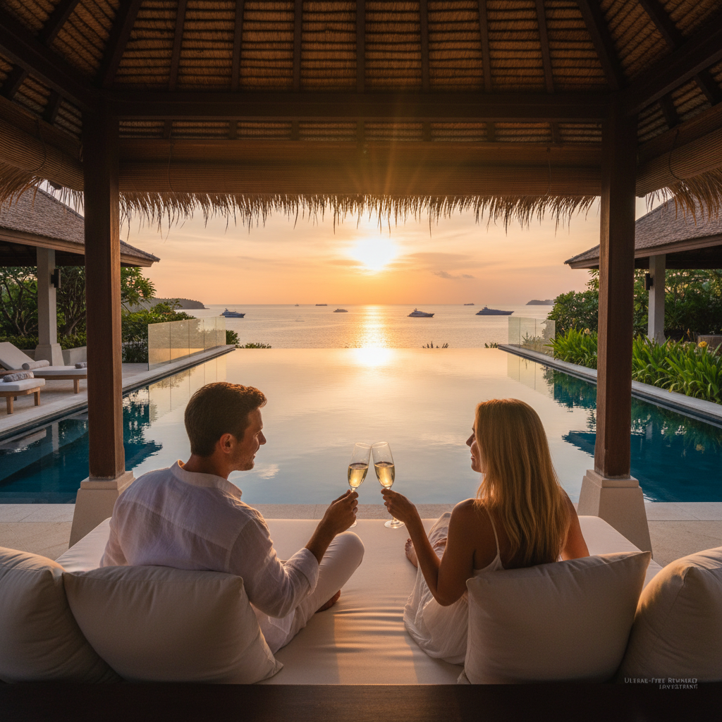 A couple celebrating with champagne by an infinity pool at their Phuket villa at sunset, the result of successful property management.