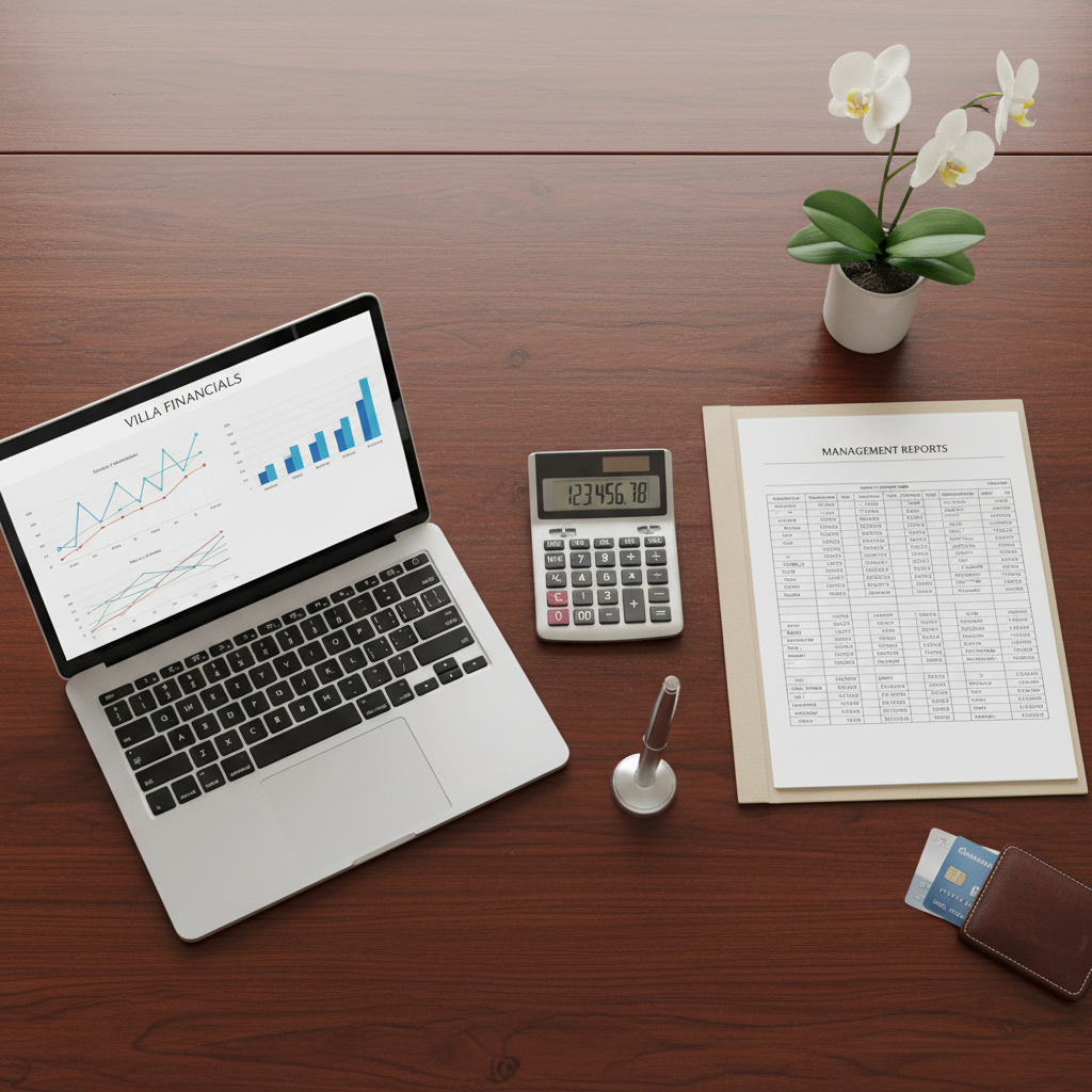 A flat lay of a desk with a laptop showing financial charts, a calculator, and documents, symbolizing villa management fees and budgeting.