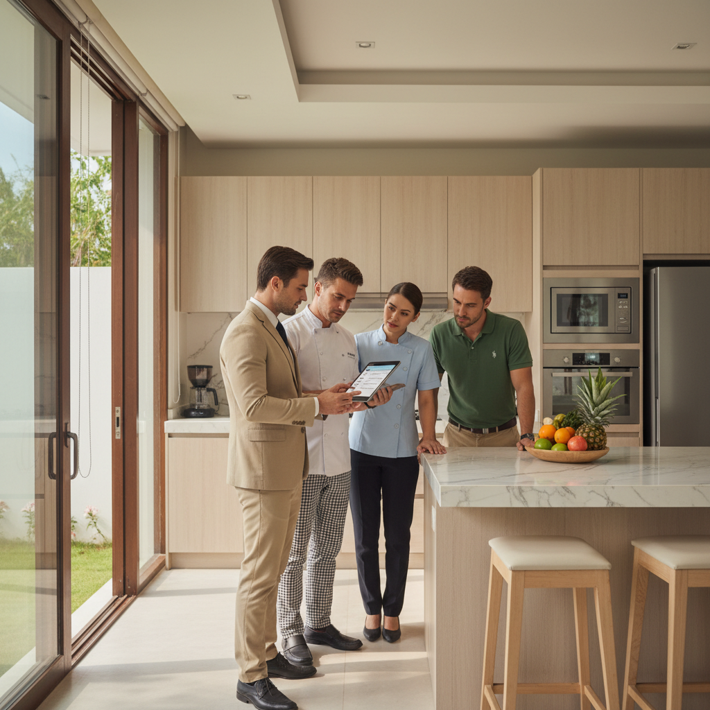 A villa management team including a chef and housekeeper having a professional meeting in a modern Phuket villa kitchen.
