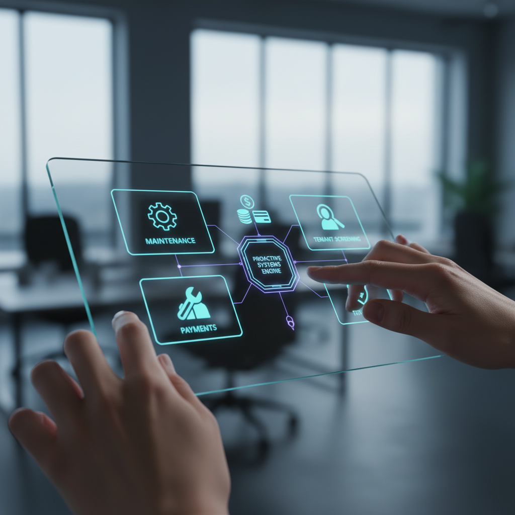 Proactive Property Management Systems Close-up on hands using a tablet with a glowing flowchart, symbolizing a proactive systems engine for property management.