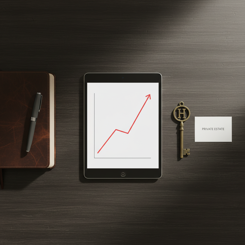 Profit-Driven Property Management Strategy A flat lay of a desk with a tablet showing a financial growth chart, a notebook, and a key, representing a profit-driven property strategy.