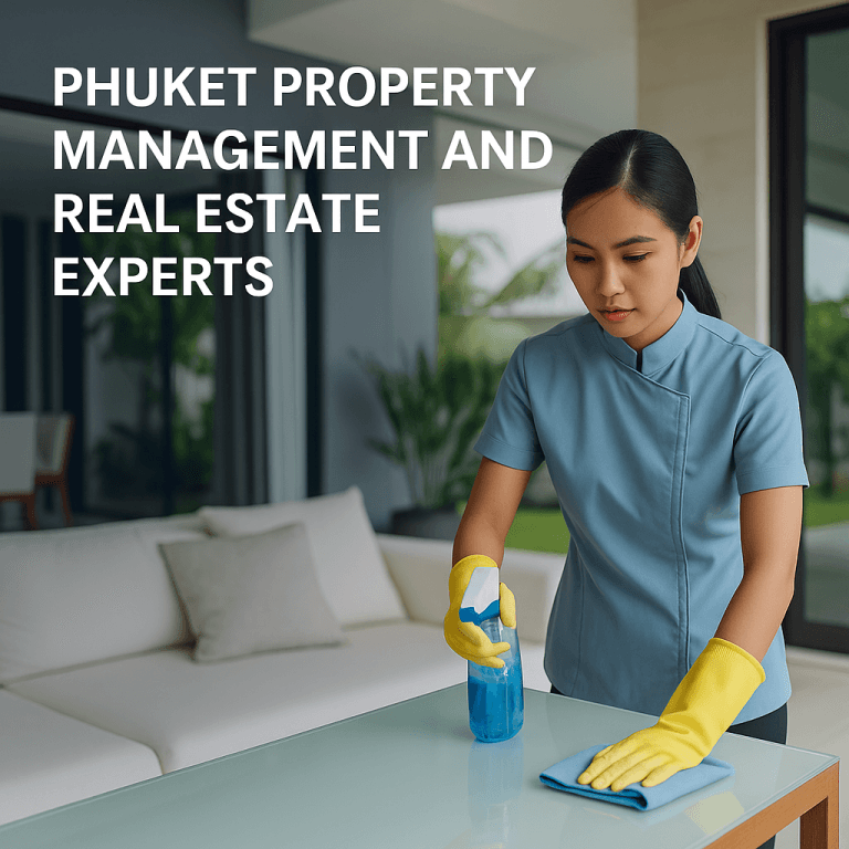 Housekeeper cleaning a modern villa in Phuket with spray and cloth, part of professional property management service