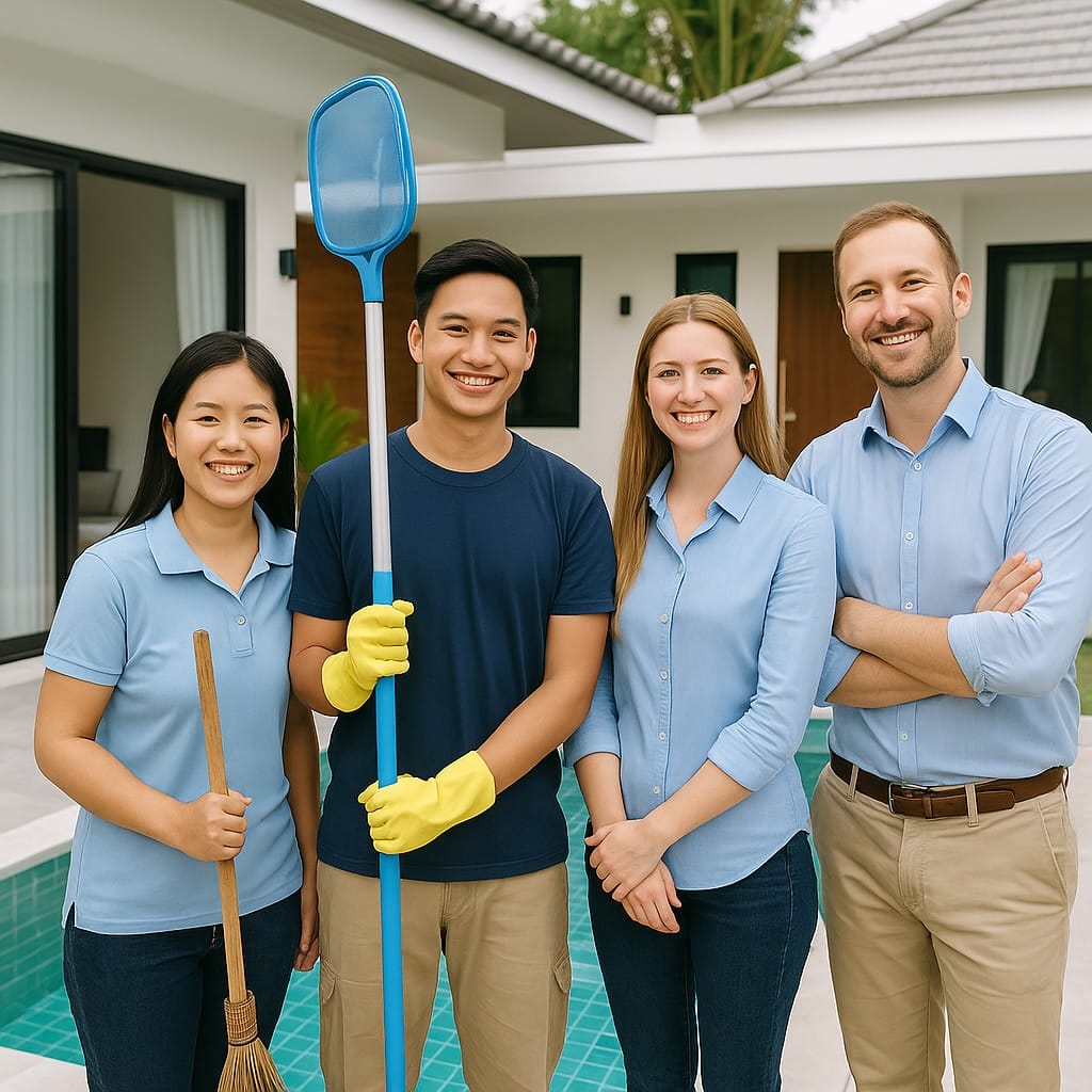 Smiling Phuket property management team of Thai and Western staff standing in front of a villa and swimming pool, holding cleaning tools
