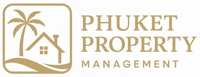 Gold Phuket Property Management logo with a palm tree and house icon on a white background, with text on the right.