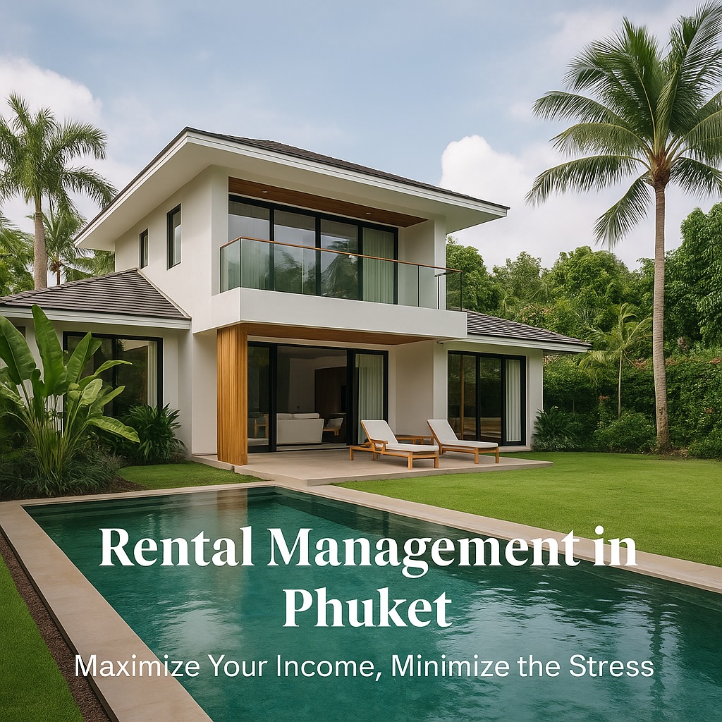Modern Phuket villa with pool and palm trees representing rental management services.