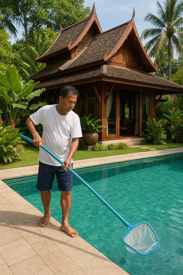 Thai man cleaning a swimming pool next to a luxury wooden Thai-style villa surrounded by tropical plants.