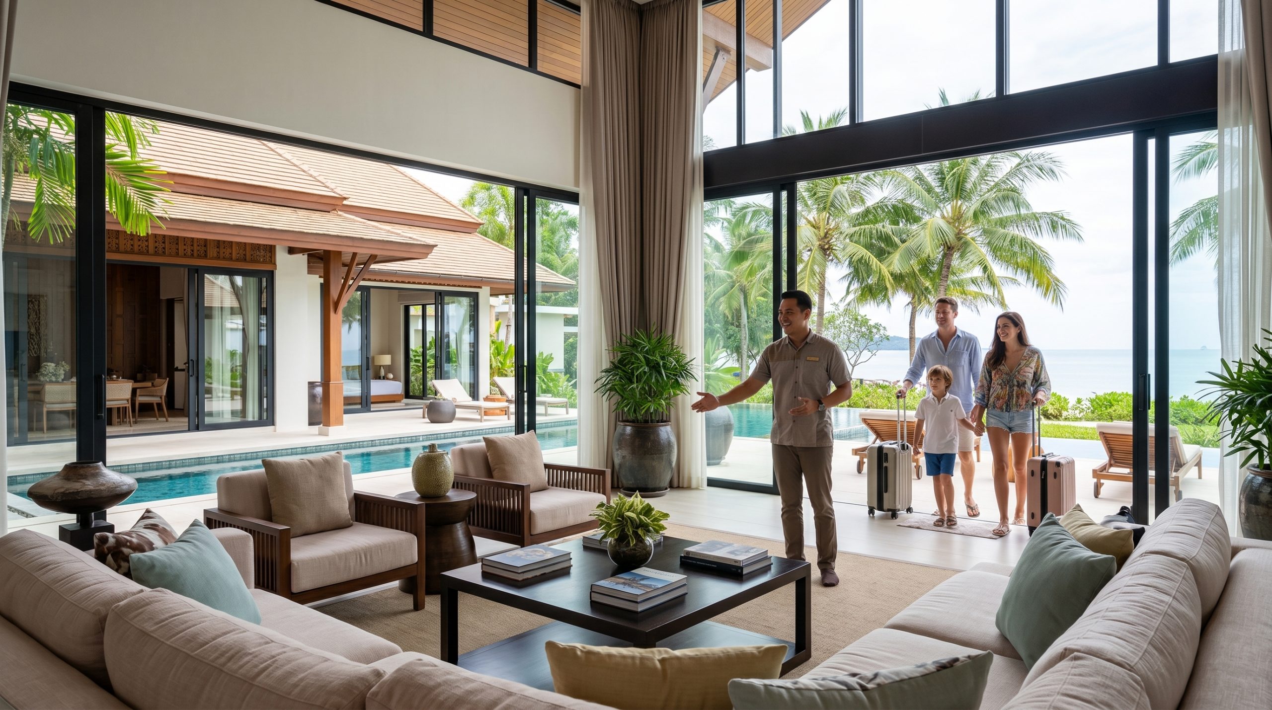 A smiling male Asian property manager in a light polo shirt extends a hand to welcome a diverse family with two young children at the entrance of a spacious, open-air luxury villa in Phuket. They are standing near large, floor-to-ceiling glass doors that open to a sun-drenched infinity pool and a tropical garden. In the background, lush palm trees and a beautiful ocean view are visible. The family has multiple suitcases. The overall mood is one of premium, personalized hospitality. The scene is full of warmth and soft natural light.