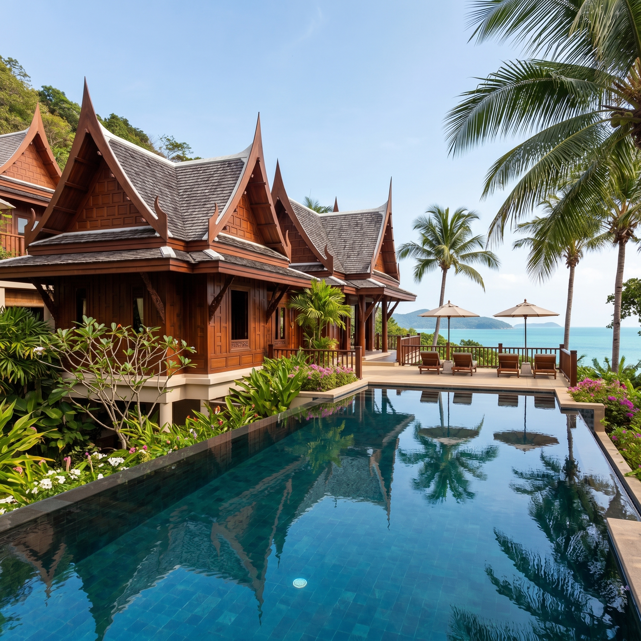 A traditional Thai-style luxury villa in Phuket featuring rich teak wood architecture, steep gabled roofs, and a private infinity swimming pool reflecting palm trees against an ocean backdrop.