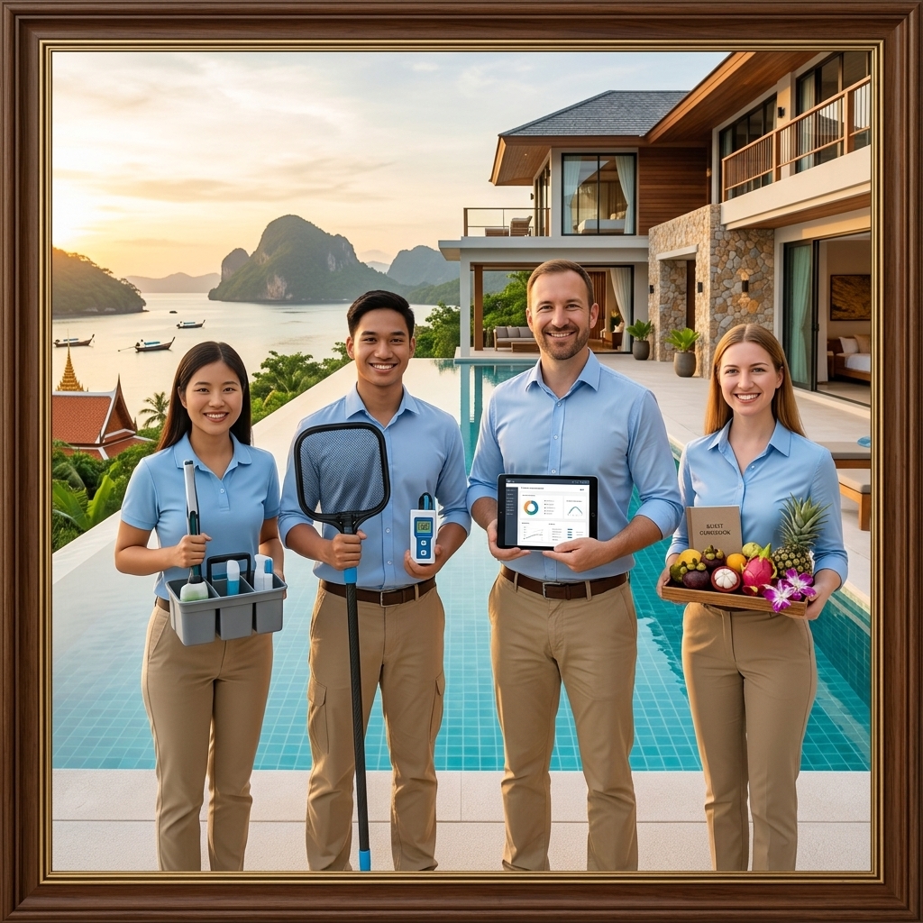 A framed, professional photograph of a diverse four-person property management team in matching light blue and khaki uniforms smiling, standing by an infinity pool in front of a luxury Phuket villa. From left, they hold a cleaning caddy, pool net and digital tester, a tablet displaying analytics, and a welcome tray with tropical fruit. The background shows a stunning sunset over a bay with island karsts and a traditional Thai temple, representing Phuket.