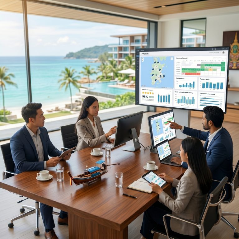 A team of property management and real estate experts in a modern Phuket office overlooking a tropical beach, reviewing short-term rental data and analytics on screens.