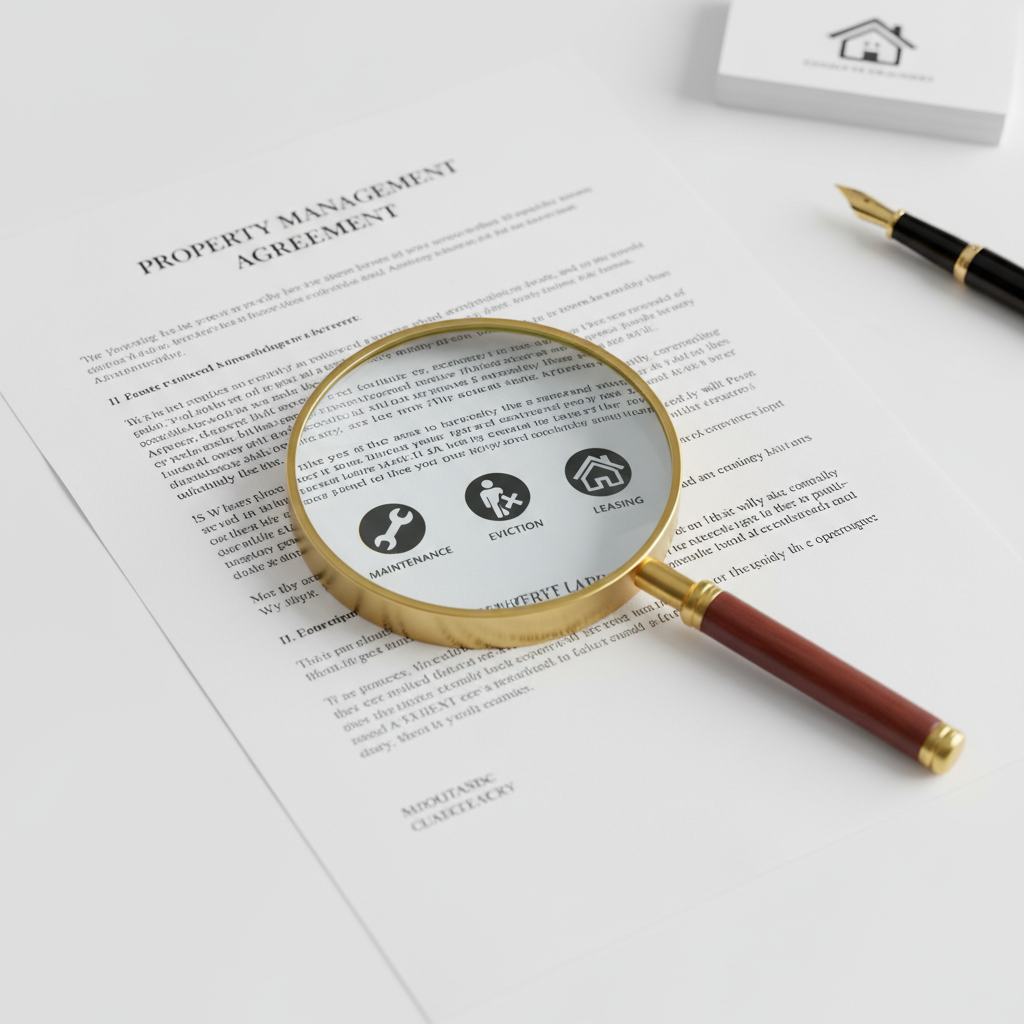 Hidden A La Carte Property Management Costs A magnifying glass highlighting extra service fees on a property management contract, symbolizing hidden costs.