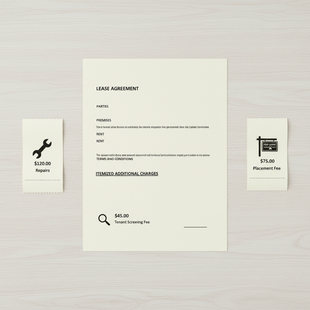 An overhead view of a rental contract surrounded by small receipts with icons for maintenance and leasing, symbolizing extra a la carte management fees.