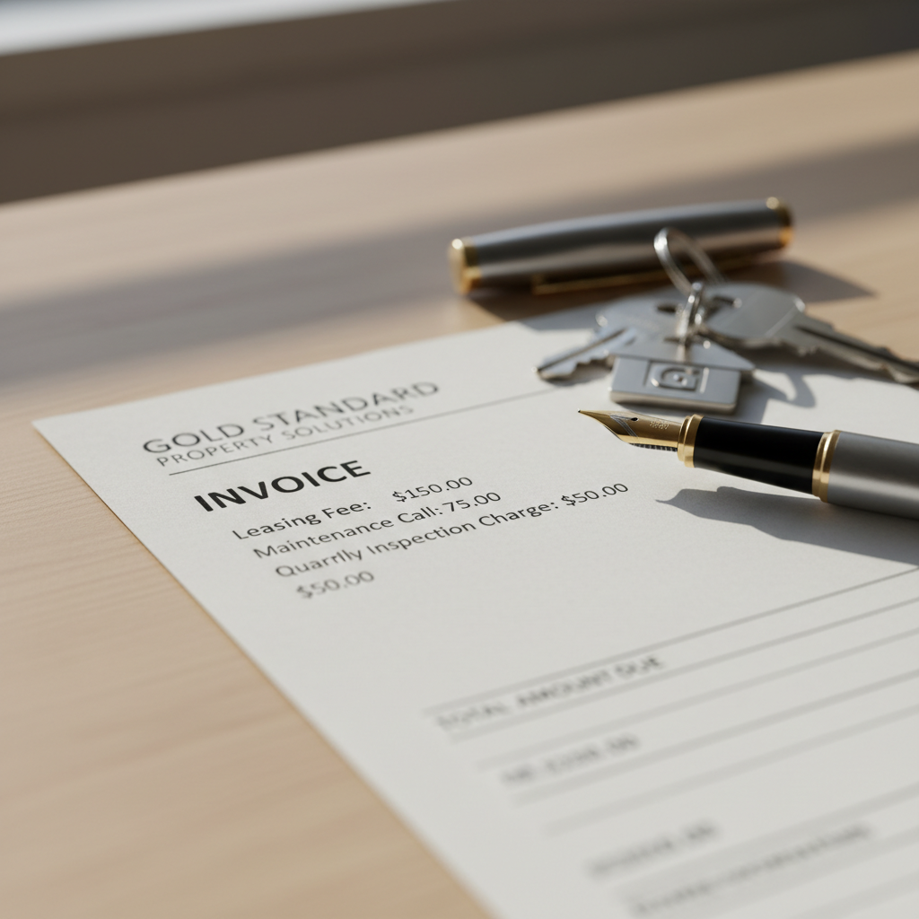 Additional Property Management Service Fees A close-up of an itemized invoice showing various additional charges from a property manager, such as leasing and maintenance fees.
