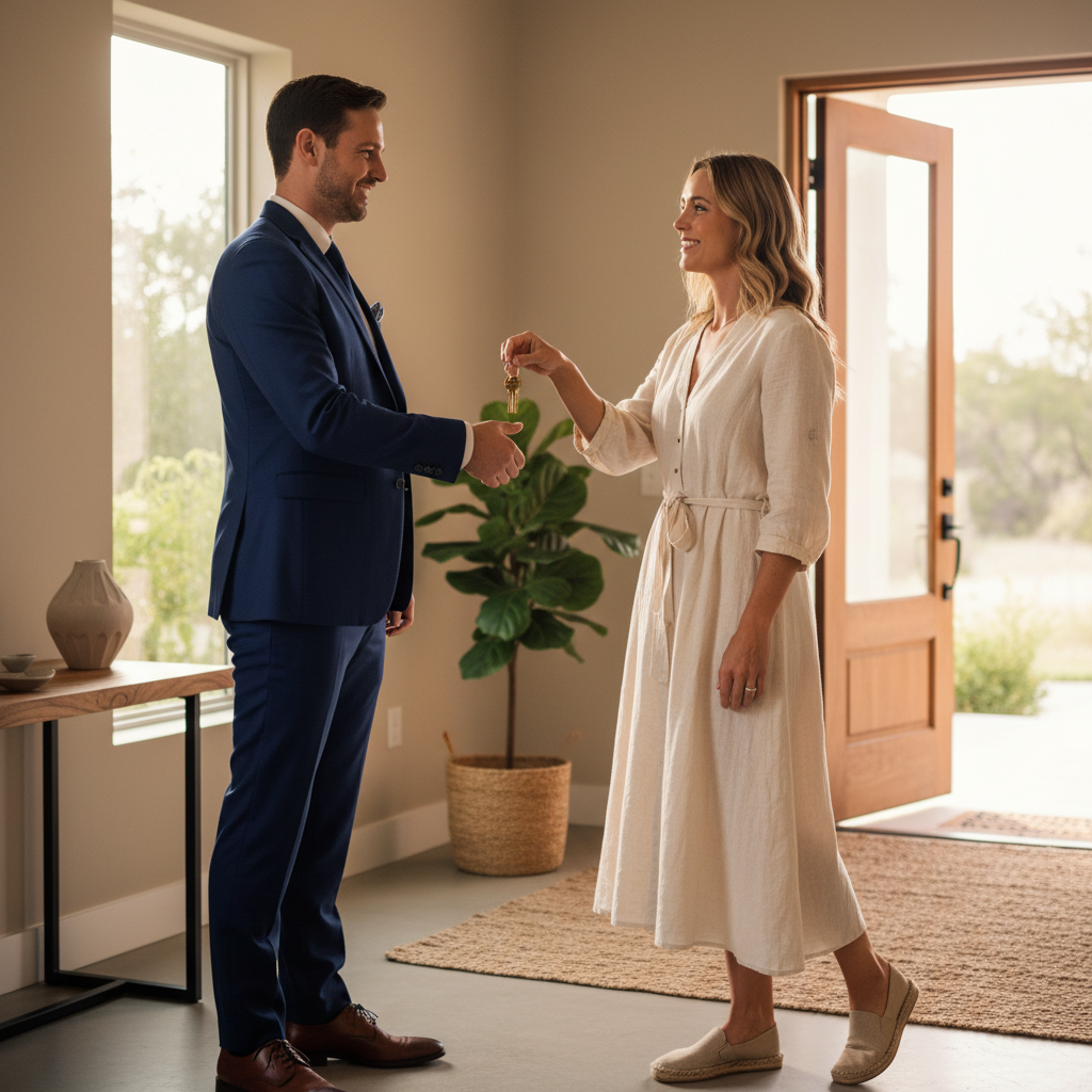 A property owner handing keys to an Airbnb management company representative in front of a beautiful home.