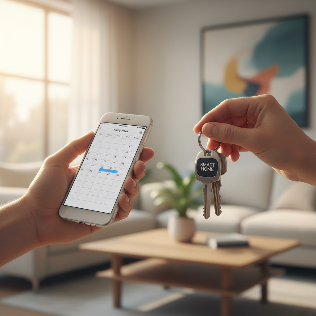 A person holds a smartphone in one hand and a set of house keys in the other, contemplating Airbnb management options.