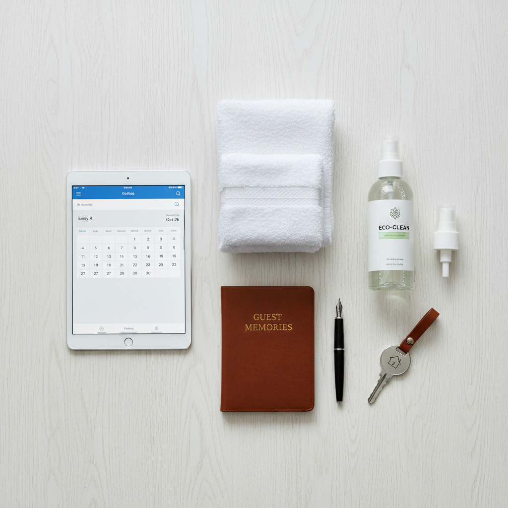 A flat lay of Airbnb management tools including a tablet, fresh towels, cleaning supplies, and keys.