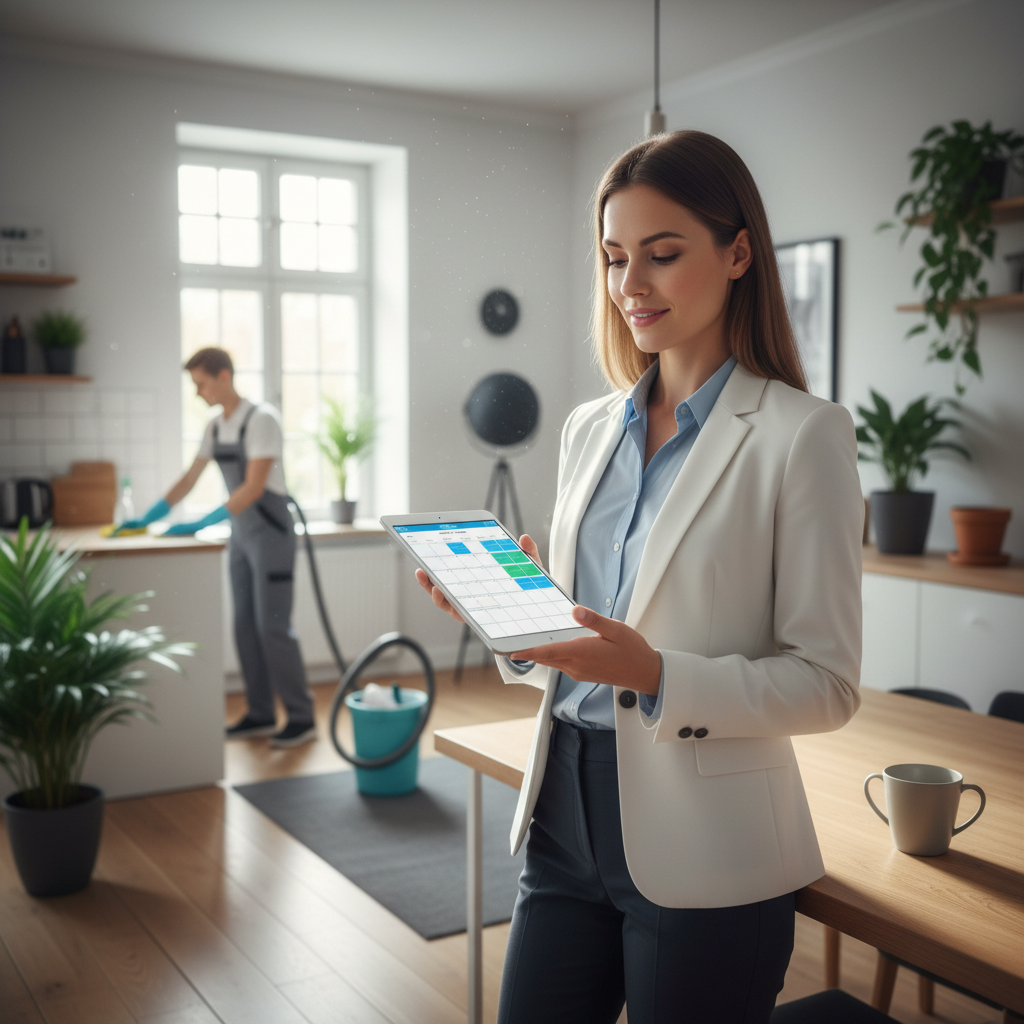 An Airbnb property manager coordinating cleaning services for a vacation rental using a tablet.