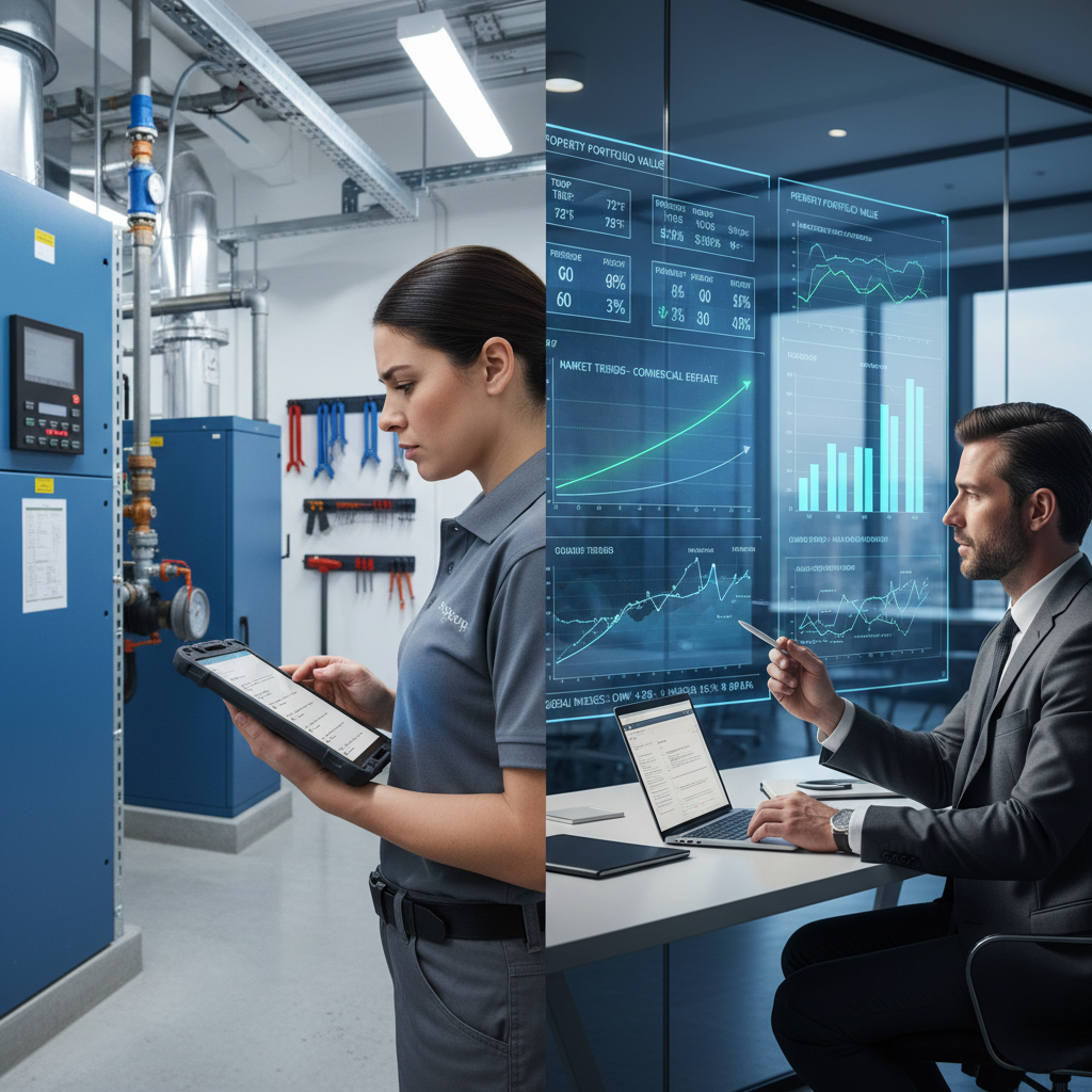 Asset Management vs Property Management A split image showing a property manager in a boiler room versus an asset manager analyzing data in an office.