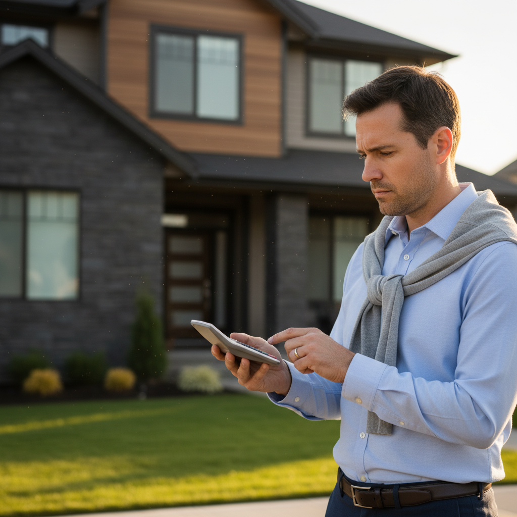 A property owner standing outside a house, looking at a calculator and considering the cost of hiring a property manager.