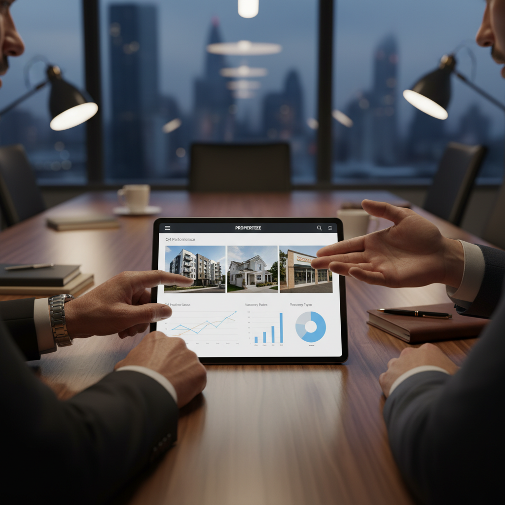 A homeowner and a manager reviewing a portfolio on a tablet to choose the right Airbnb management partner.