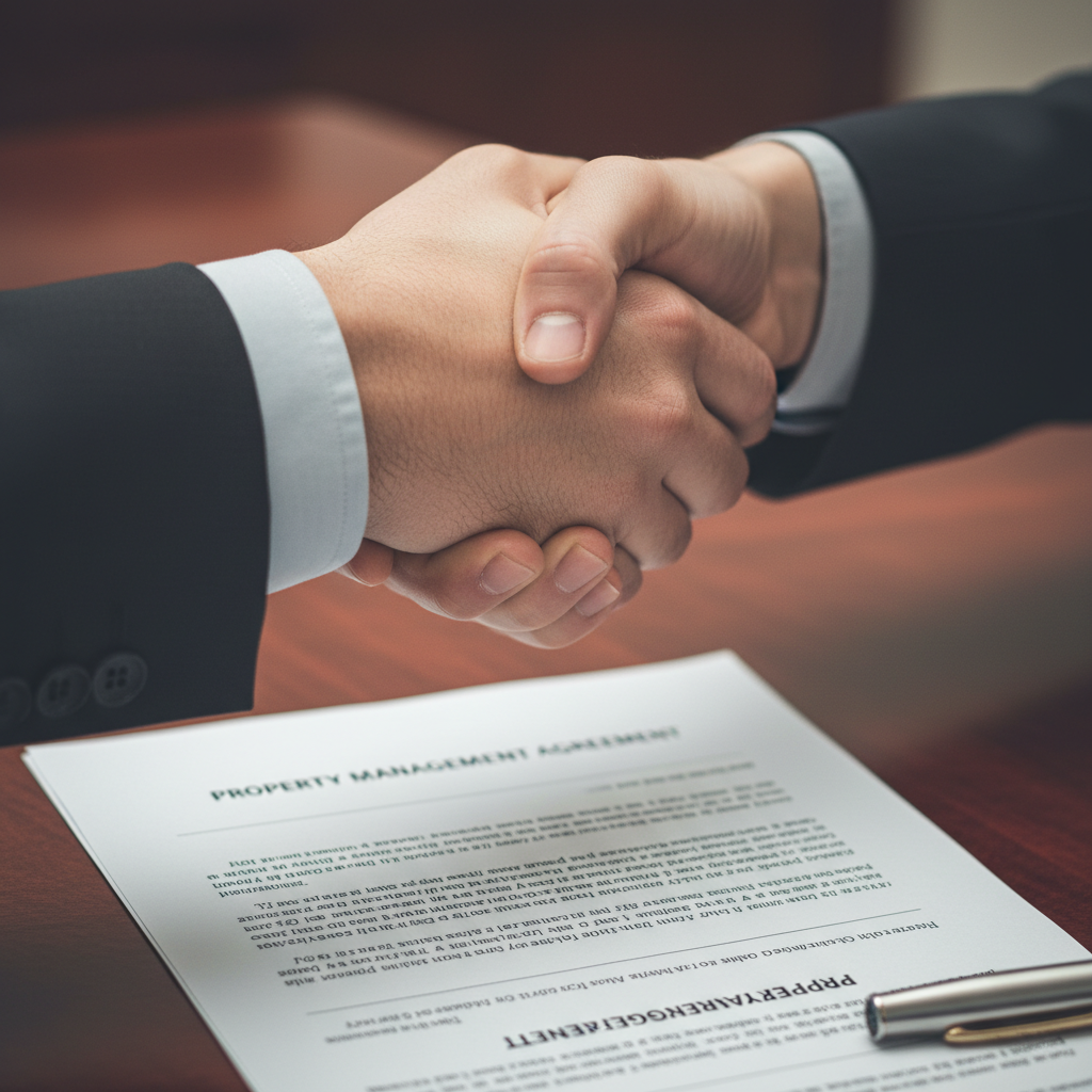 Choosing the Right Property Manager with a Handshake A close-up of a handshake over a signed property management contract, symbolizing the agreement to hire the right manager.