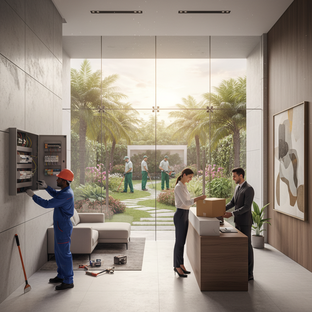 A busy condo common area showing maintenance, concierge services, and landscaping happening at once, illustrating management complexity.