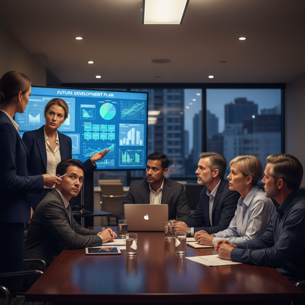 A condo board attentively listens to a property manager's presentation during a meeting to choose a management partner.