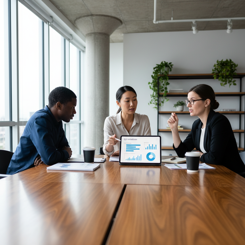 A diverse condo board collaborates around a table, using a tablet to define their management needs and create a checklist.