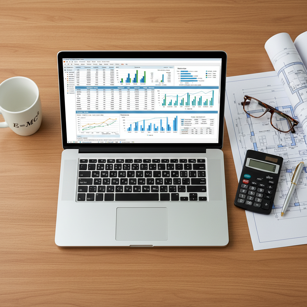 A flat lay of a laptop with a condo association budget spreadsheet, blueprints, and a calculator, representing financial management.