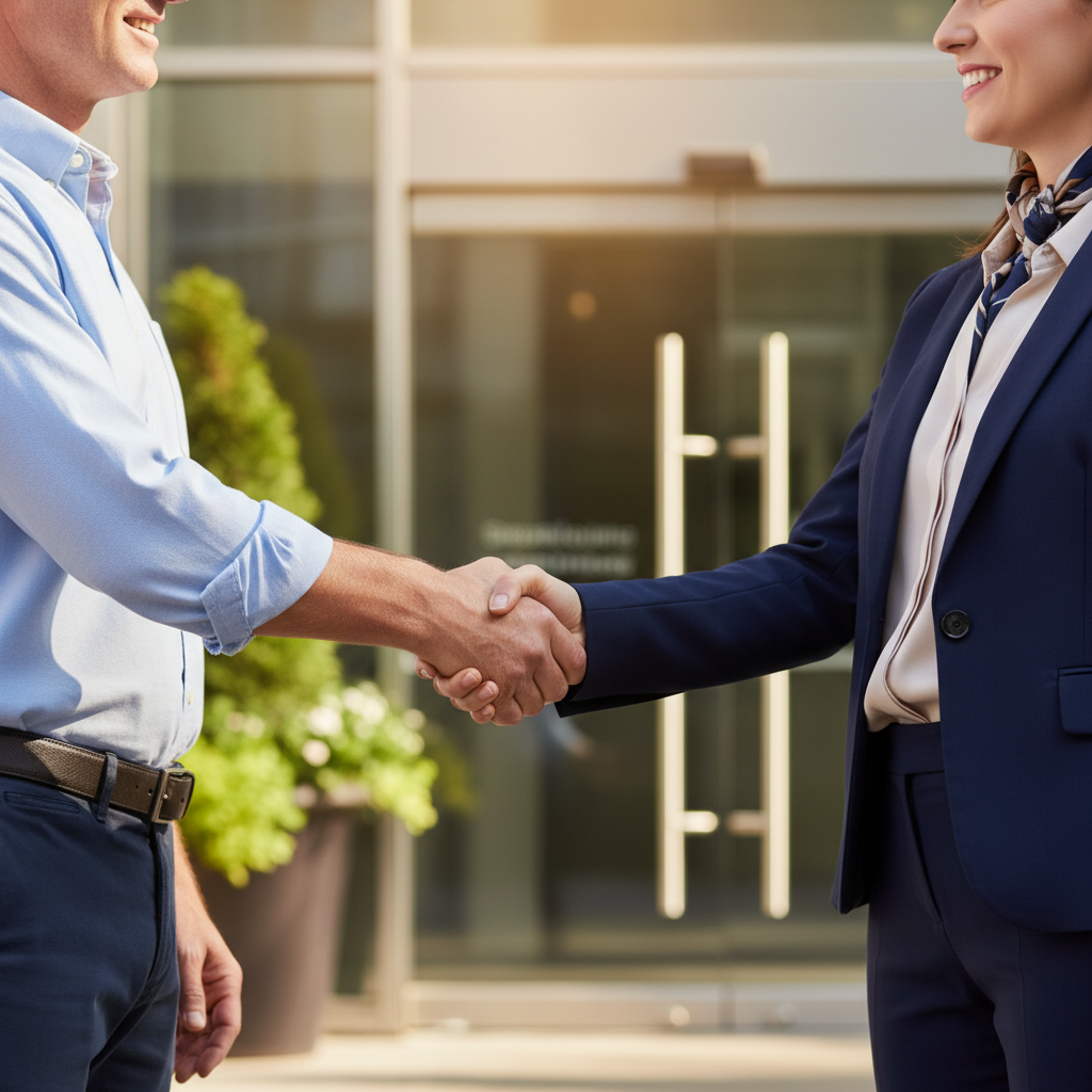 A professional property manager and a condo board member shake hands in front of a modern condo building, symbolizing a new partnership.