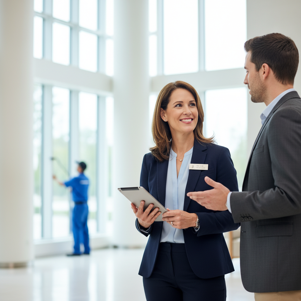A condo manager with a tablet listens to a resident in a clean, modern lobby, showcasing daily responsibilities.