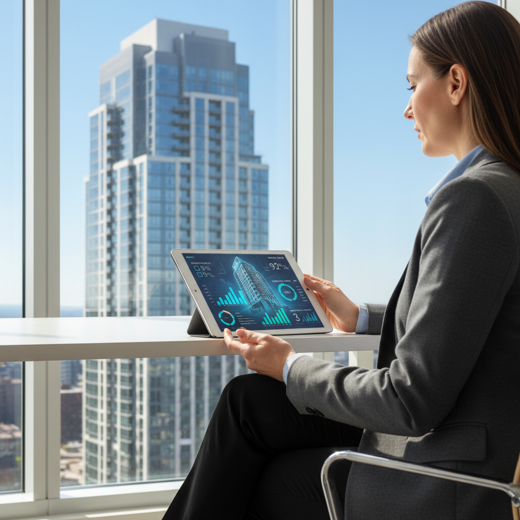 A property manager reviews a building operations dashboard on a tablet, with a modern condo building visible in the background.