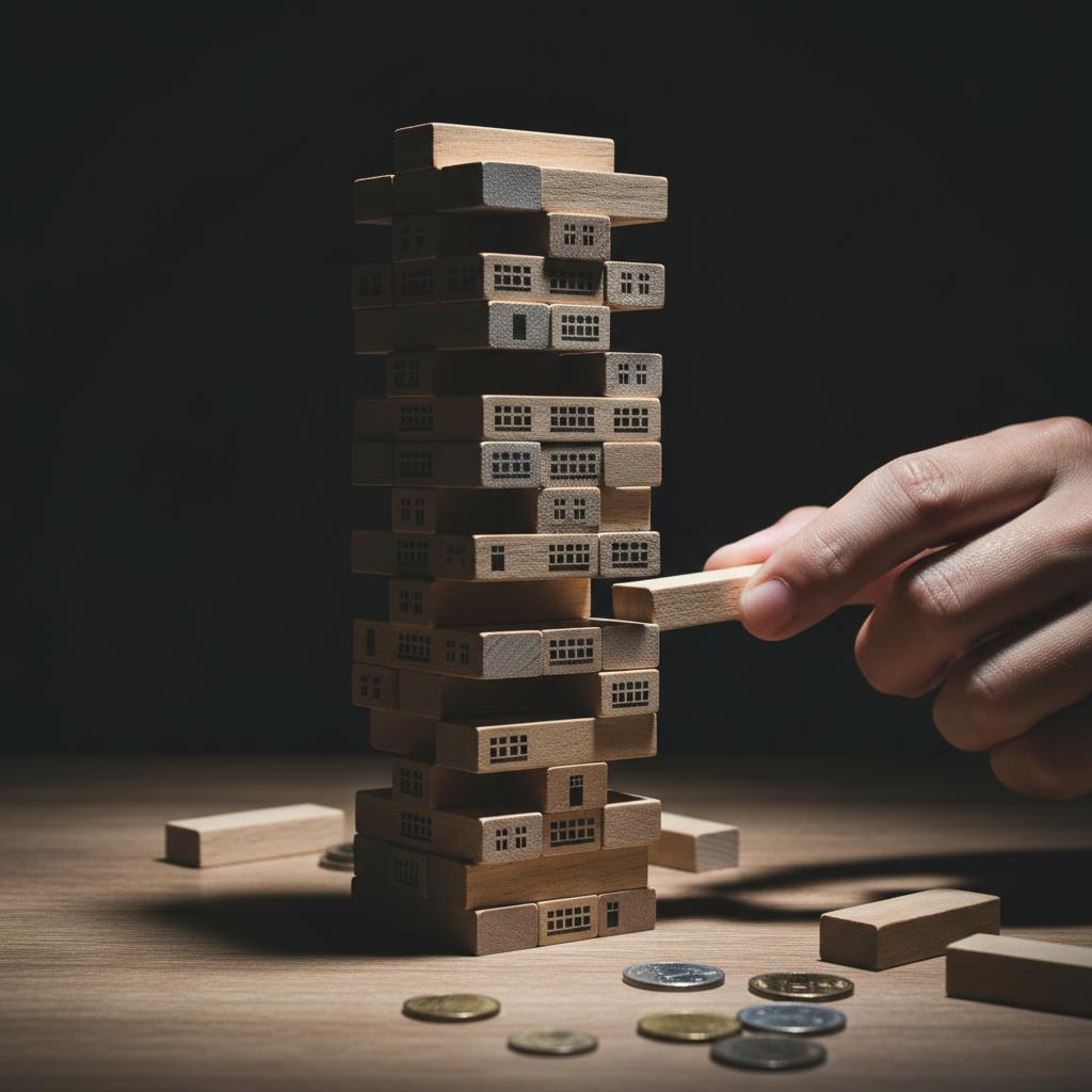 Avoiding Costly Real Estate Portfolio Mistakes A hand pulling a house-shaped block from a Jenga tower, symbolizing the risk of costly mistakes in real estate portfolio management.