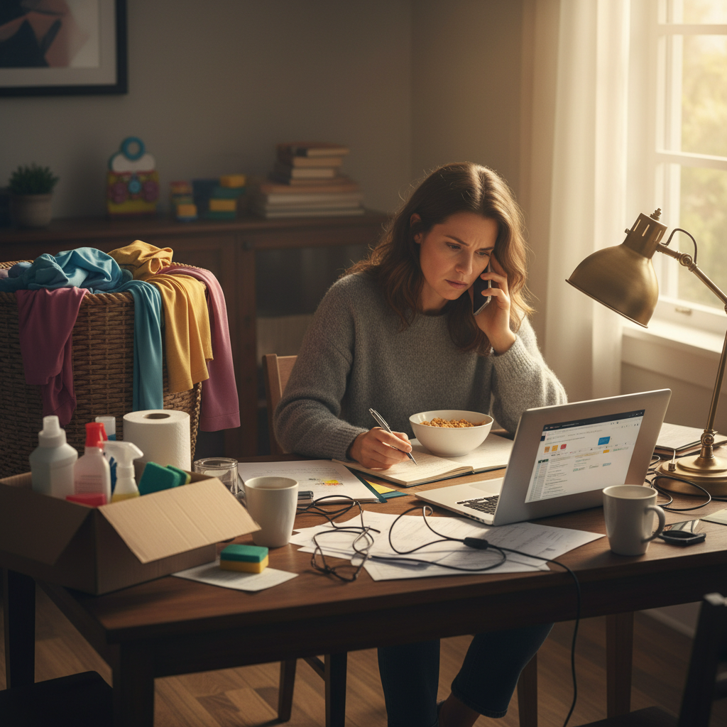 A stressed Airbnb host multitasks on their phone and laptop, surrounded by laundry and cleaning supplies.