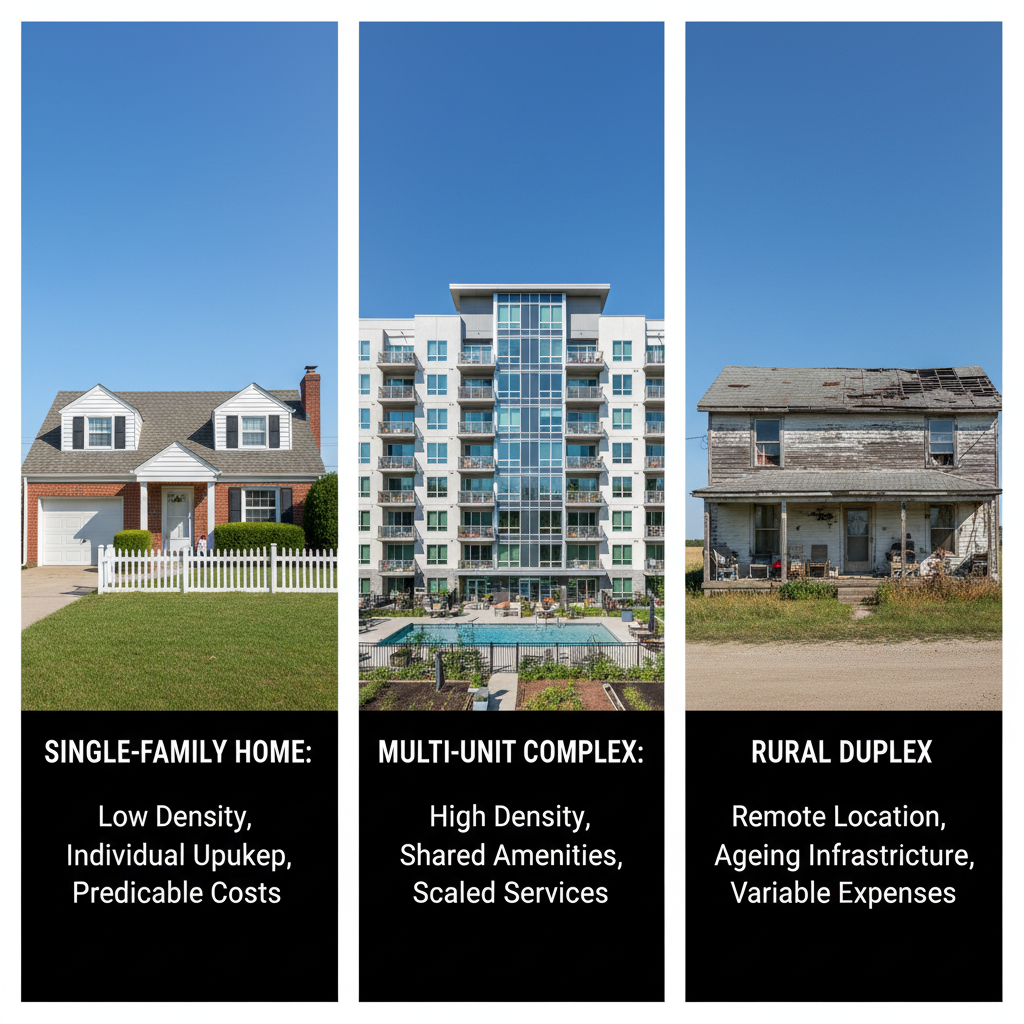 Factors Influencing Property Management Quotes A comparison of a suburban house, a city apartment building, and a rural duplex, showing factors that influence property management quotes.