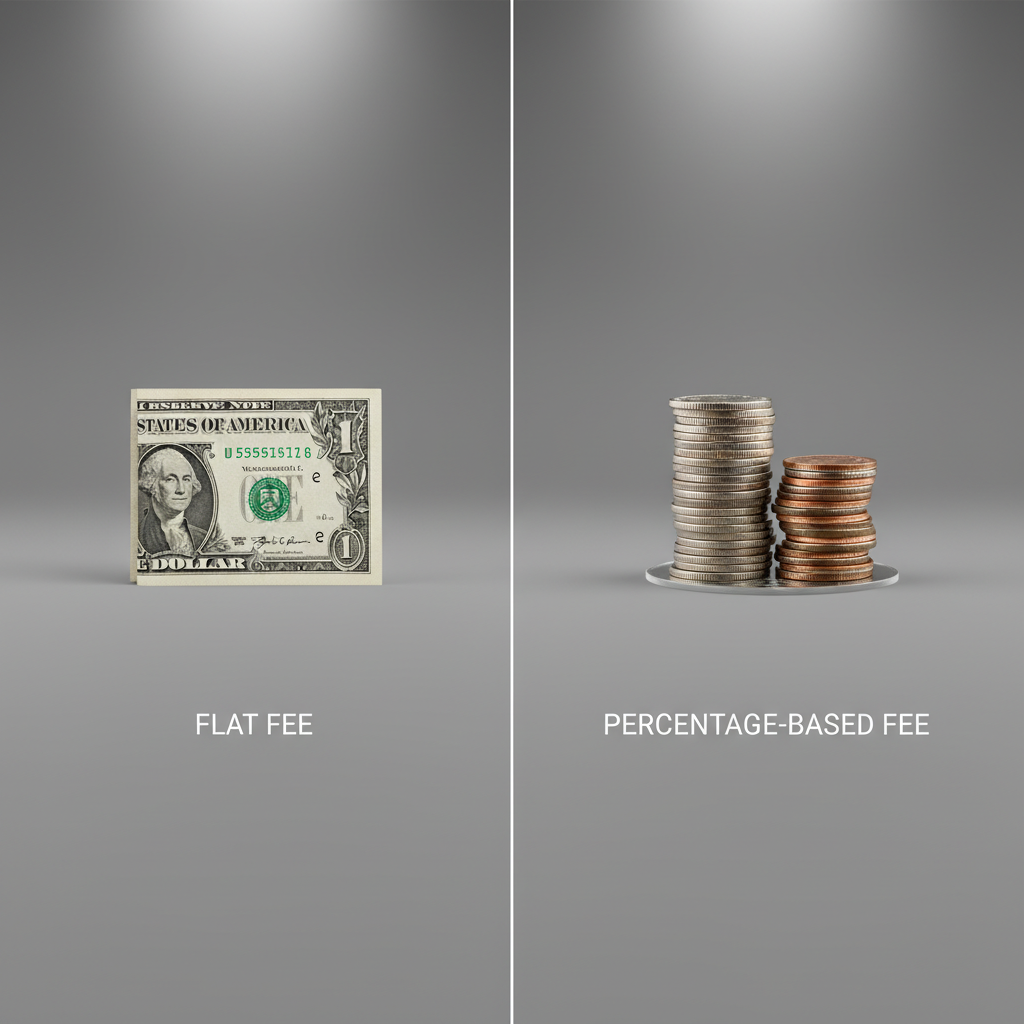 Flat Fee vs Percentage Fee Property Management A split image showing a single dollar bill on one side and a percentage of coins on the other, representing flat vs. percentage-based property management fees.
