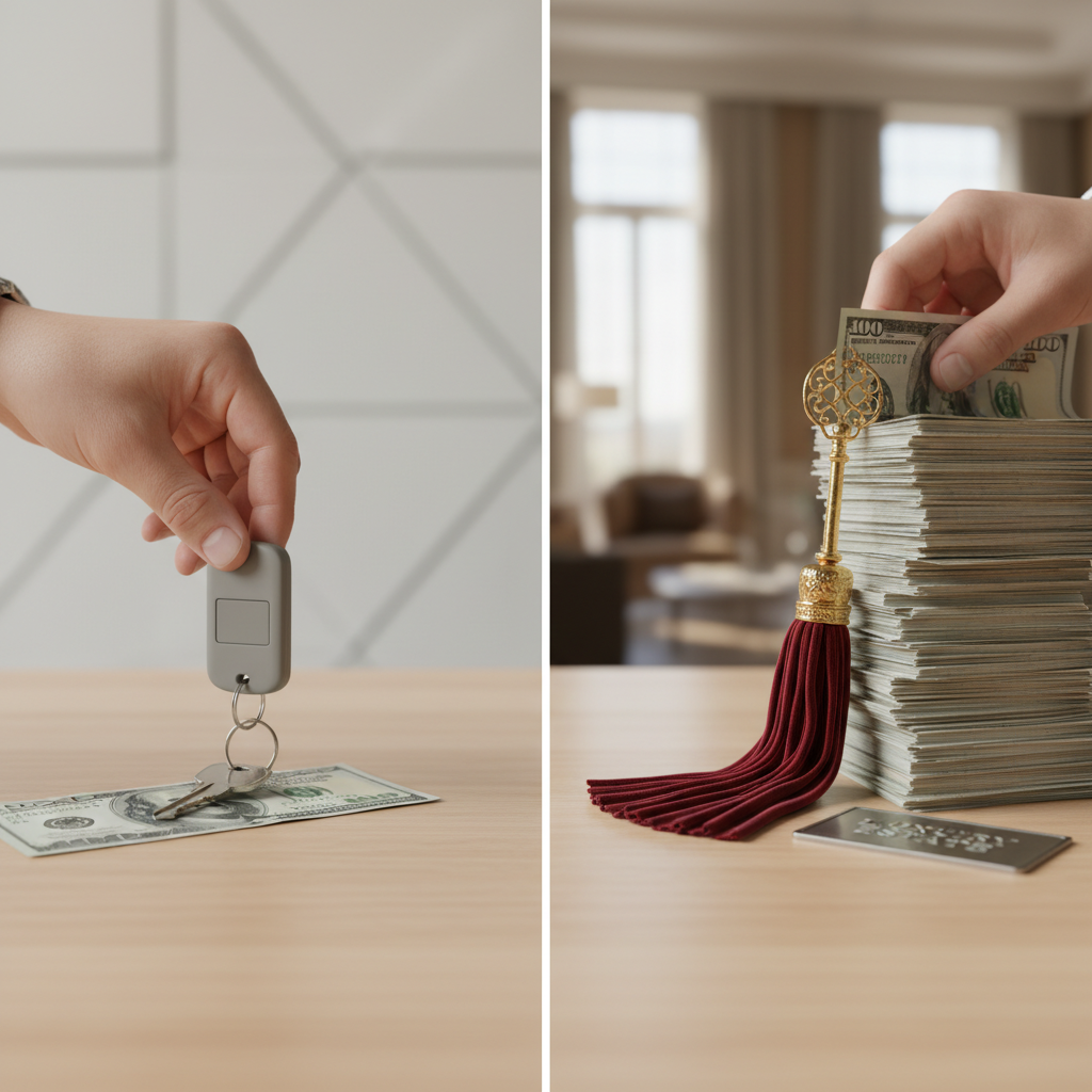 A split image visually comparing a flat fee (one bill) versus a percentage-based fee (a portion of a larger stack of bills) for rental management.