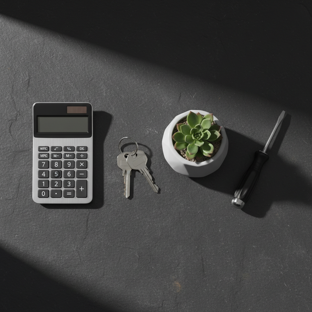 The Four Pillars of Property Management Four items on a desk representing the pillars of property management: a calculator, keys, a plant, and a tool.