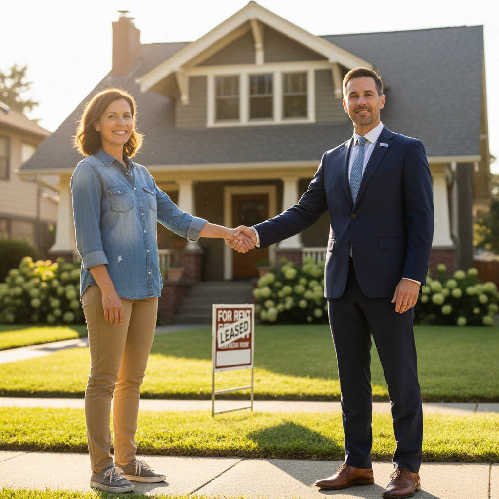 Hiring a Professional Property Manager A homeowner shaking hands with a professional property manager in front of a rental home, symbolizing the decision to hire a pro.