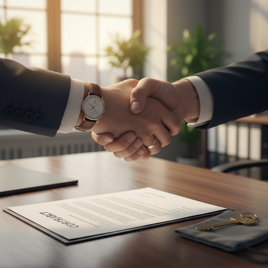 Hiring a Property Manager Agreement A property owner and manager shake hands over a signed contract, finalizing their management agreement.