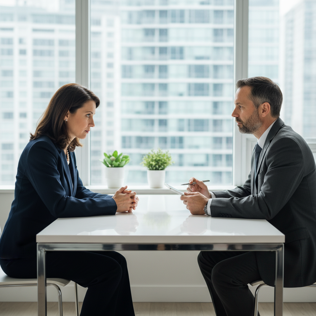 A condo board member interviews a potential candidate from a condo management company in a professional meeting setting.