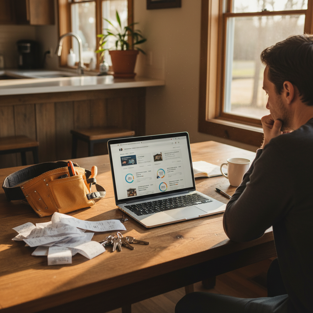 Deciding Whether to Hire a Property Manager A property owner at a table weighing the options between DIY landlording, symbolized by tools and receipts, and hiring a professional.