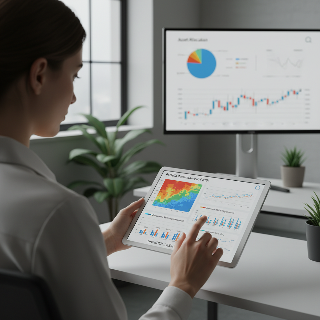 Modern Toolkit for Real Estate Portfolio Management A portfolio manager using a tablet with a data analytics dashboard to manage real estate assets, representing the modern toolkit.