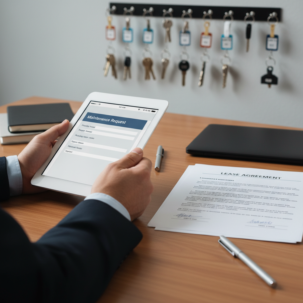 The Four Pillars of Property Management An organized desk of a property manager showing a tablet, lease agreement, and keys, symbolizing the pillars of great property management.
