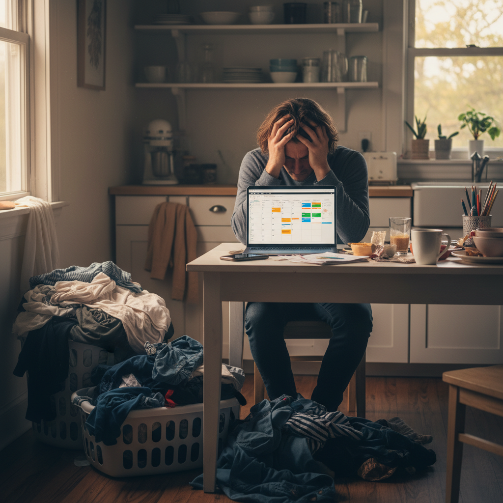 An overwhelmed Airbnb host looking stressed while trying to manage bookings and laundry.