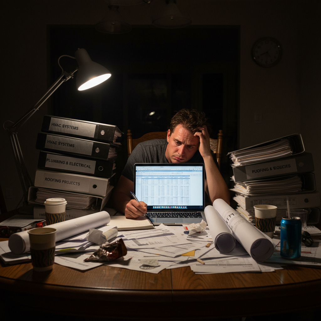 An overwhelmed condo board member sits at a cluttered desk late at night, stressed by the volume of paperwork and management tasks.